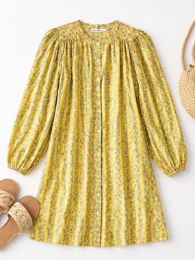 Roller Rabbit Rhody Stripe Evita Dress Cotton Voile Mini Lemon Yellow Floral XS